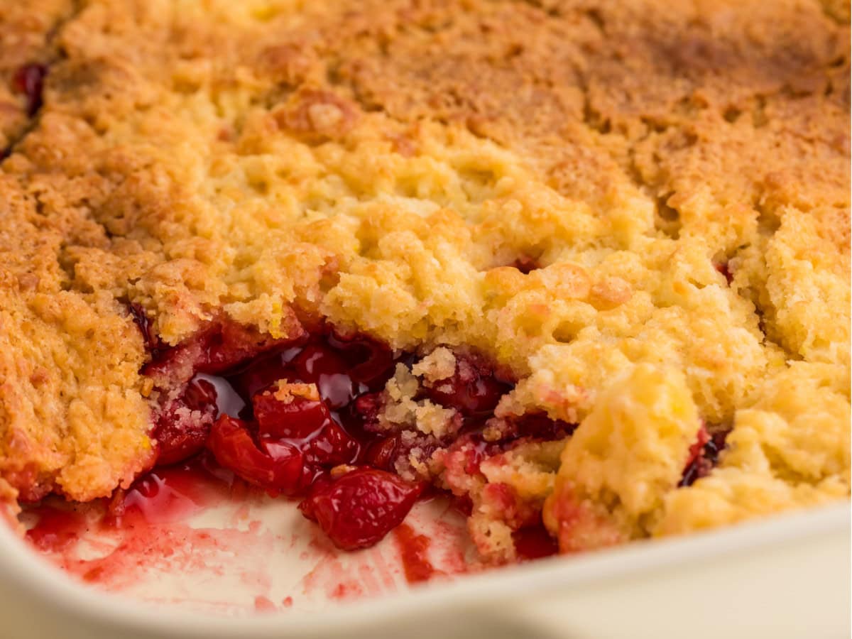 Warm cherry dump cake with buttery cake mix