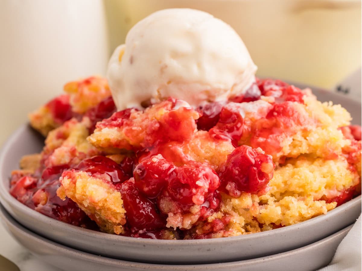 Cherry dump cake with moist buttery topping