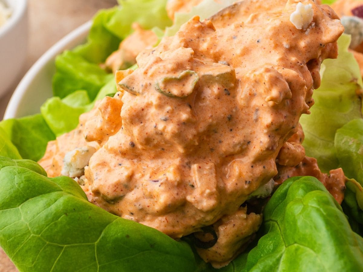 Buffalo chicken lettuce wraps with tangy blue cheese