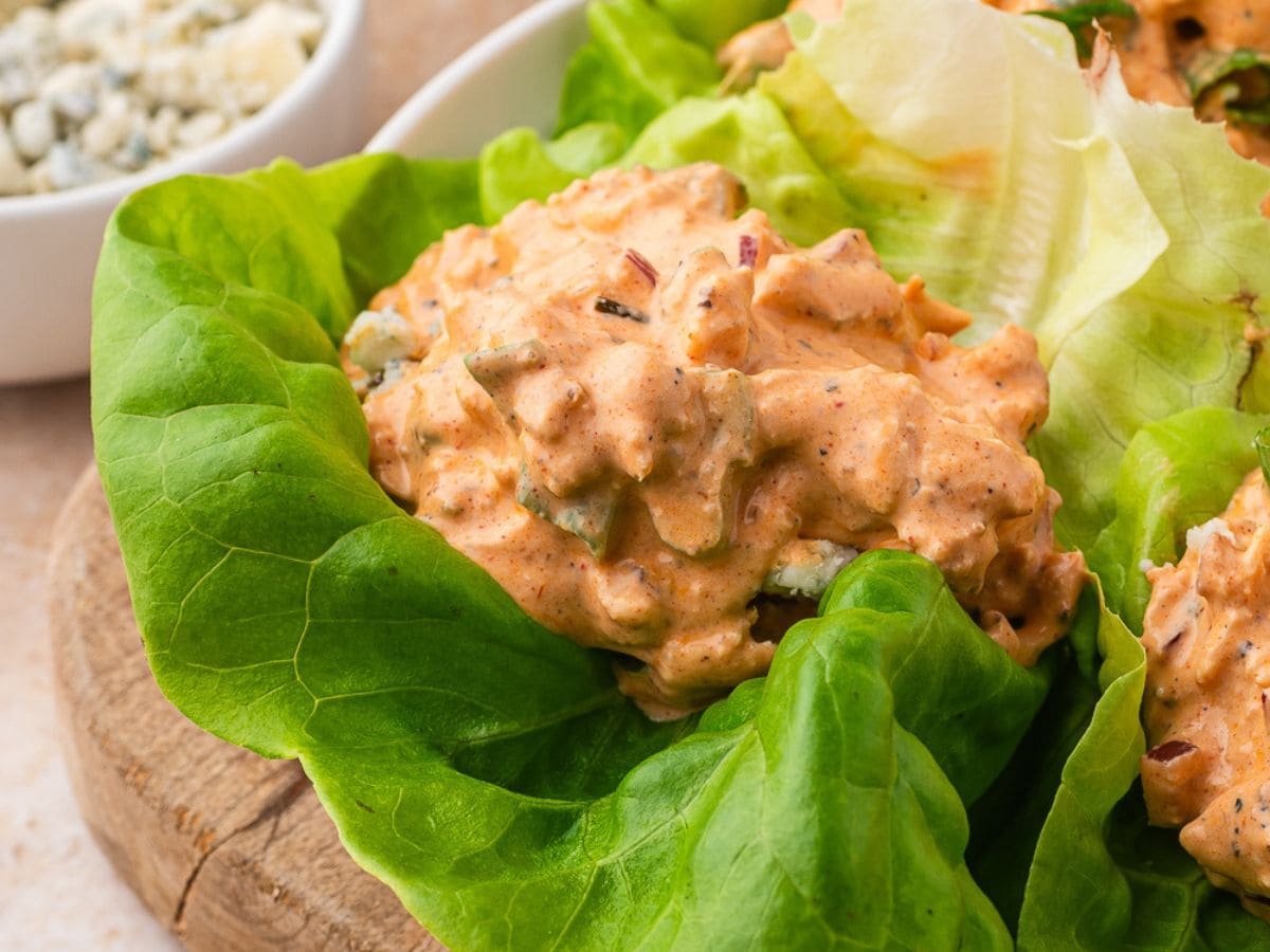 Keto friendly buffalo chicken salad lettuce wraps