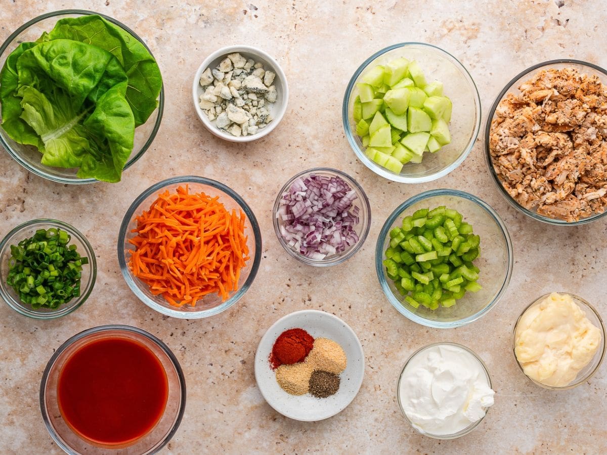 Easy buffalo chicken lettuce wrap ingredients with creamy dressing