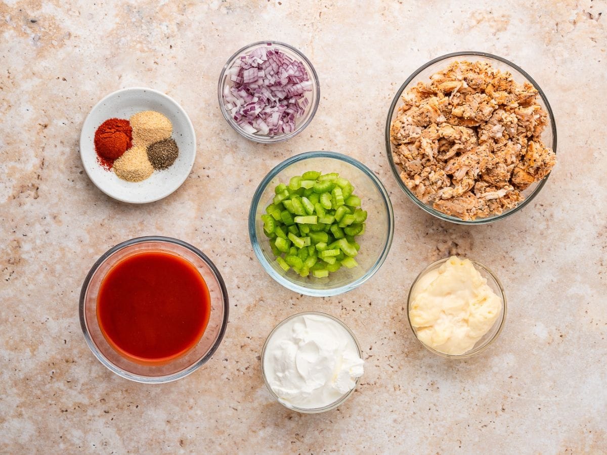Buffalo chicken salad ingredients with celery and blue cheese