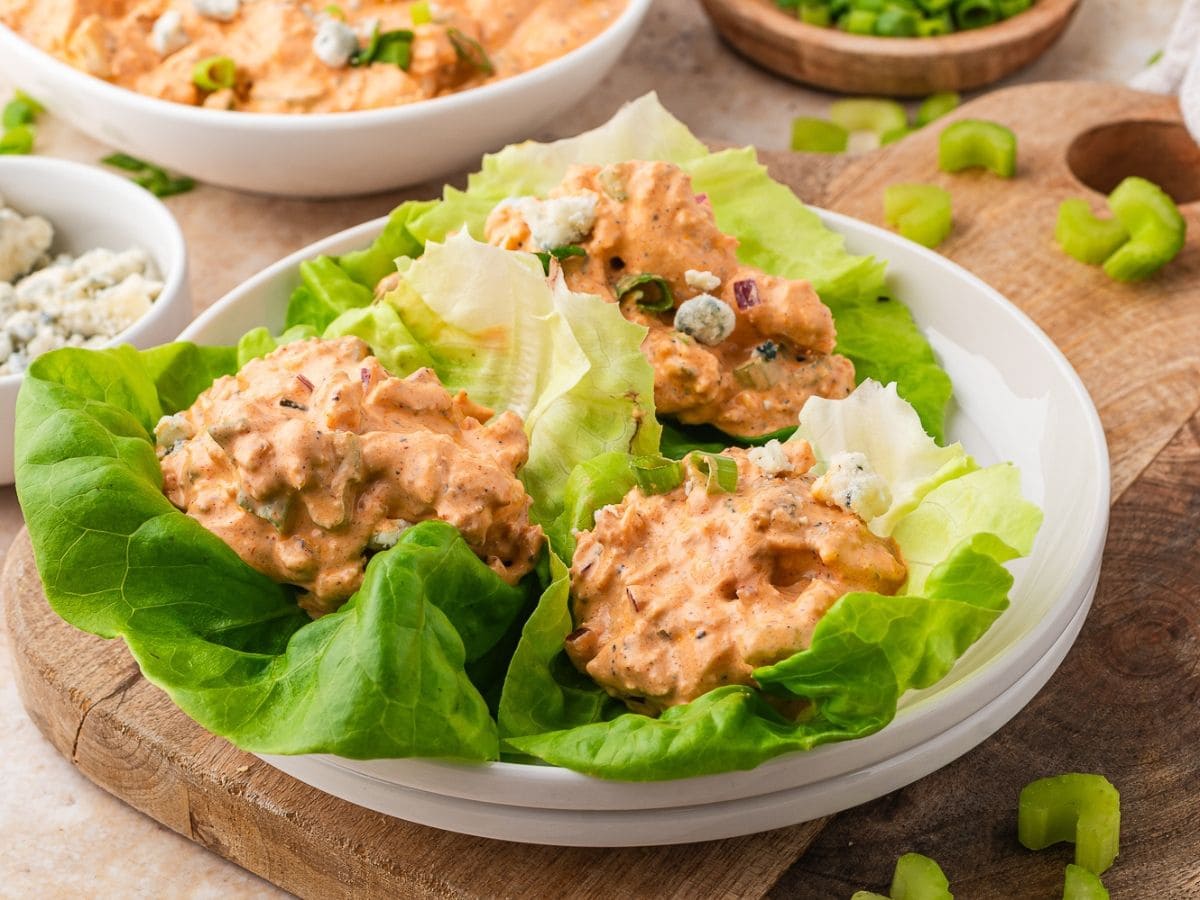 Homemade buffalo chicken lettuce wraps with creamy dressing