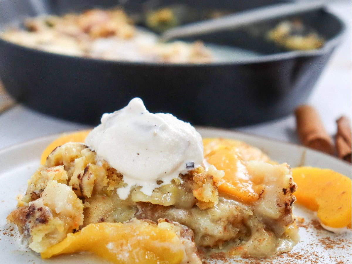 Warm peach dump cake with buttery topping