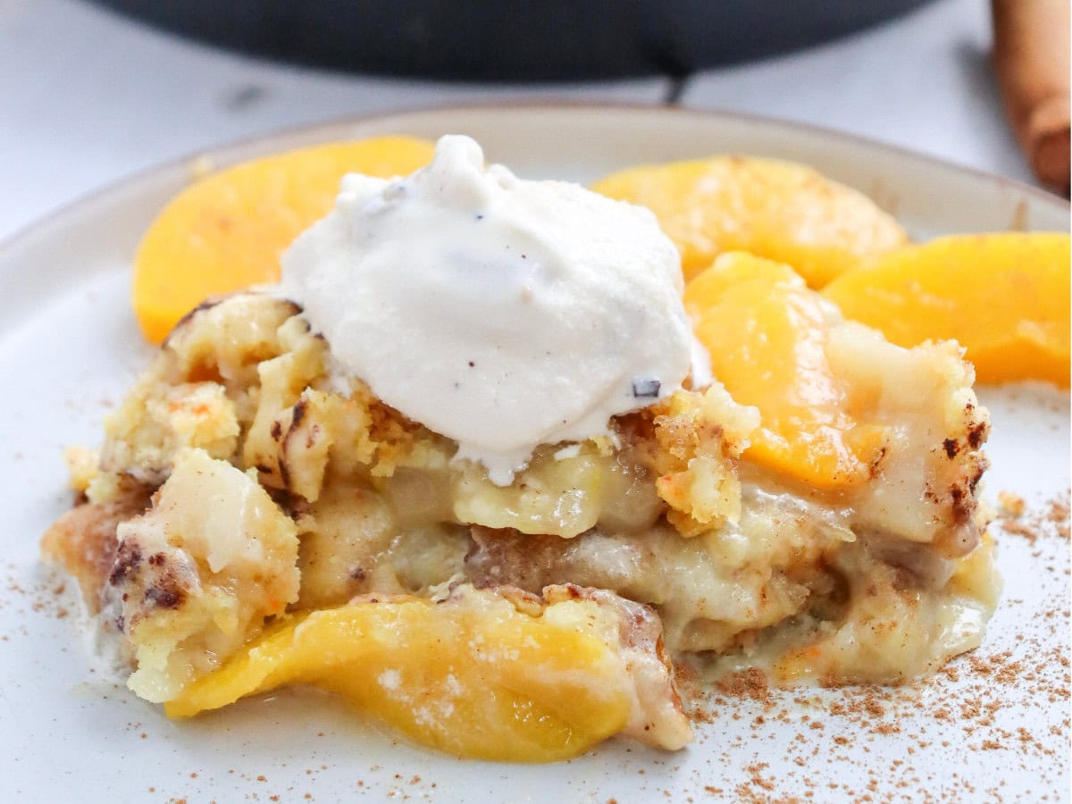 Baked peach dump cake with golden crust