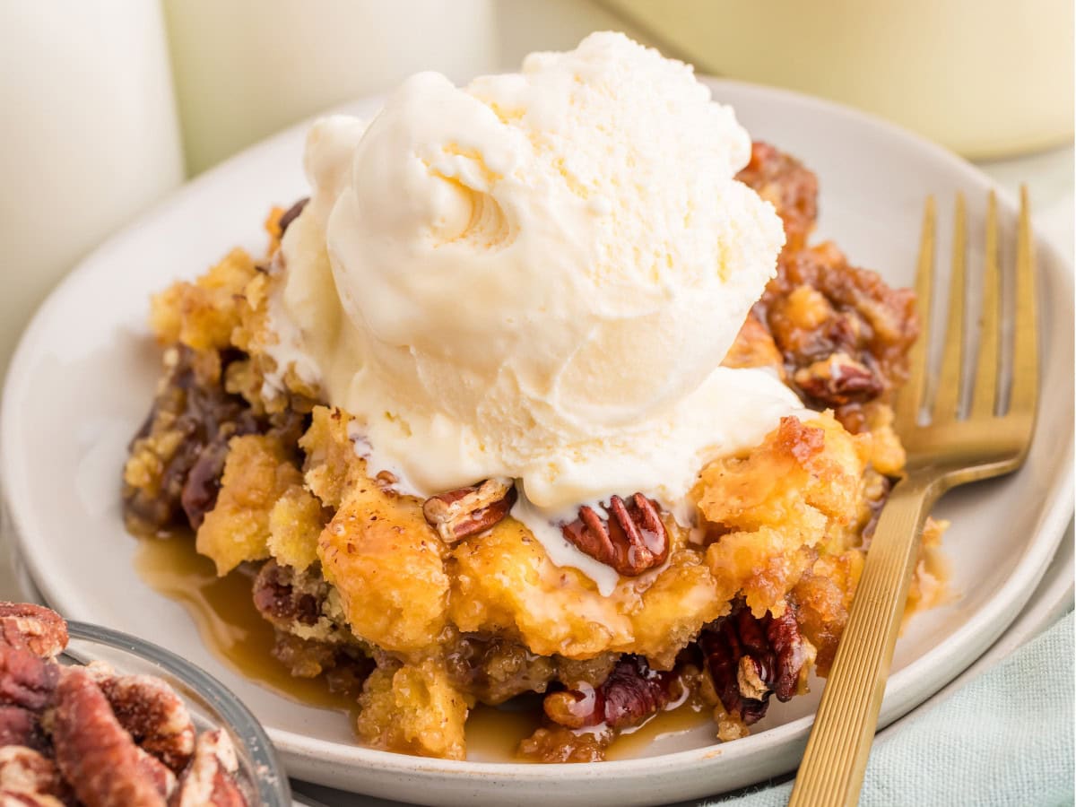 Warm pecan dump cake with buttery golden topping