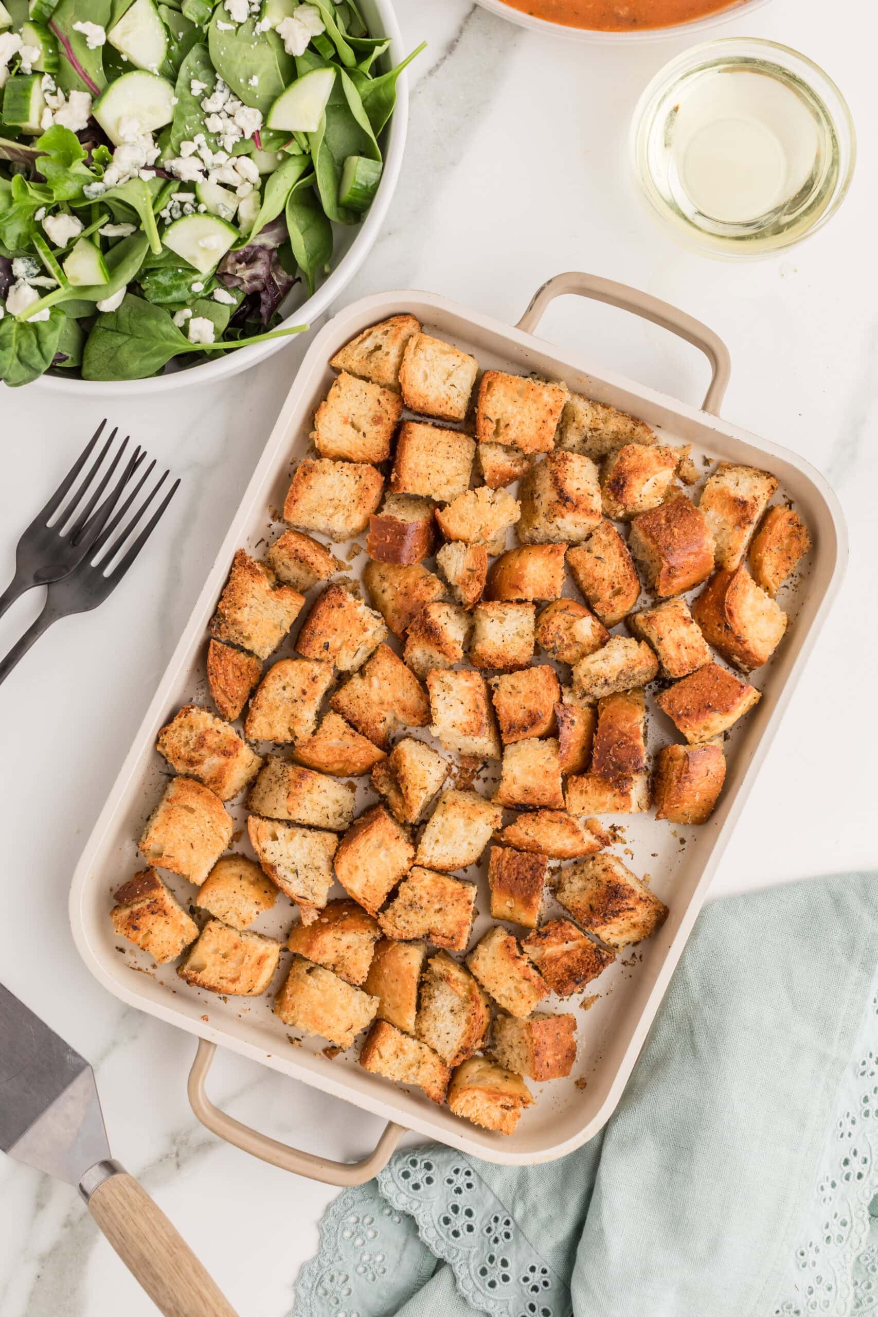 Crispy oven baked garlic croutons for salads
