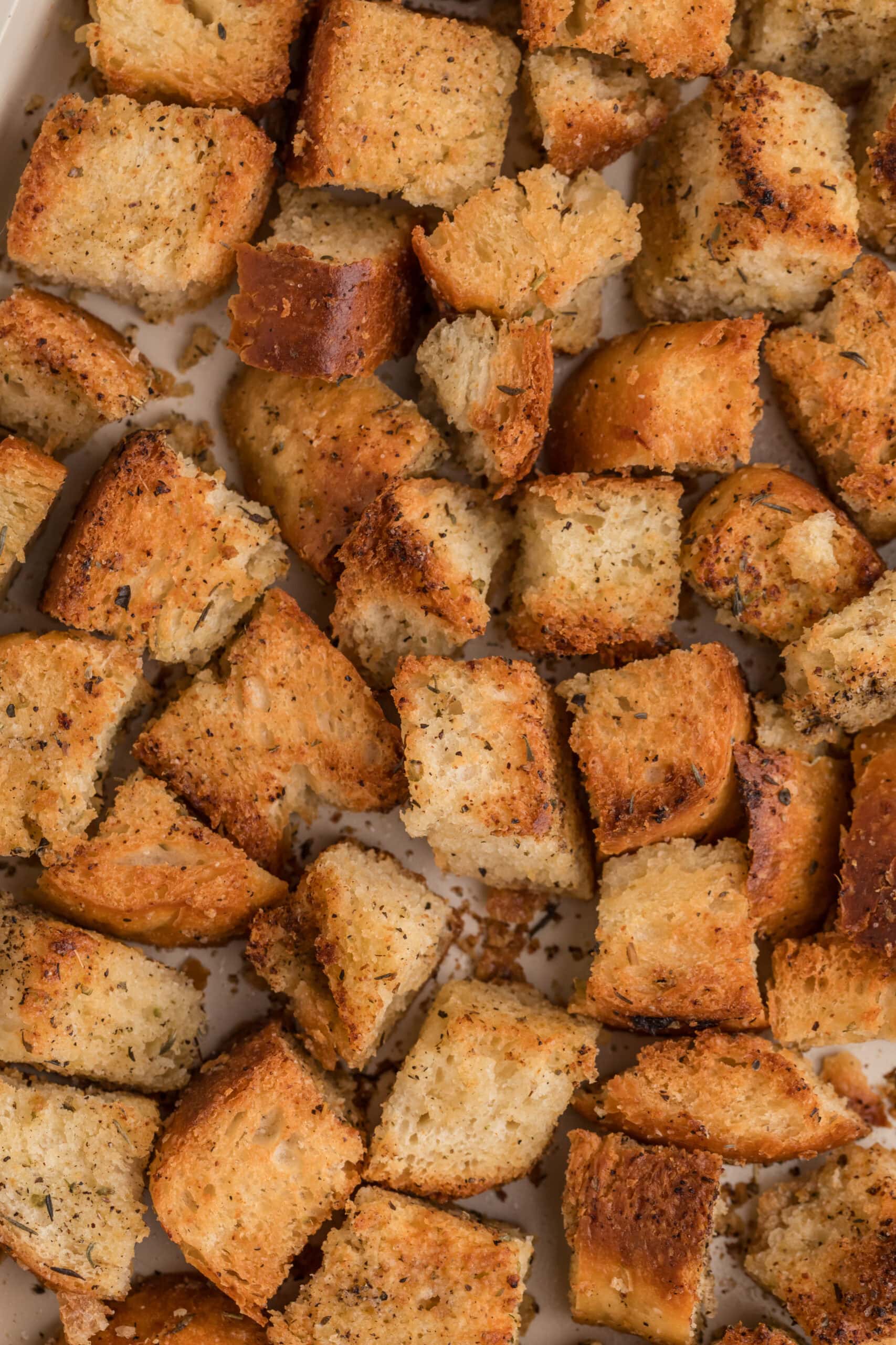 Golden brown homemade garlic herb croutons
