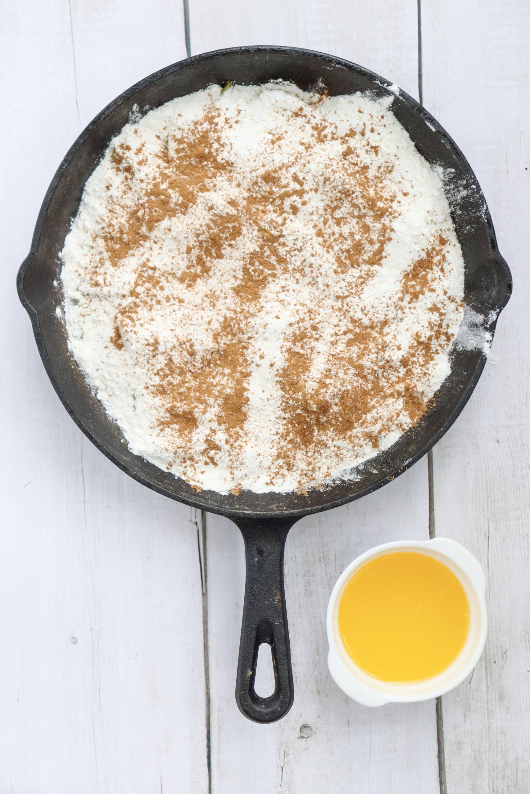 Cinnamon peach dump cake before baking