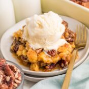 Easy pecan pie dump cake with vanilla ice cream