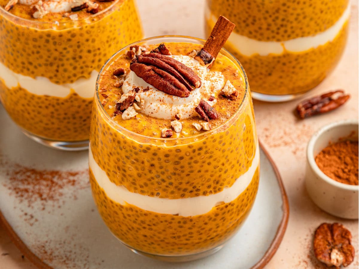 Homemade pumpkin chia pudding with cinnamon topping