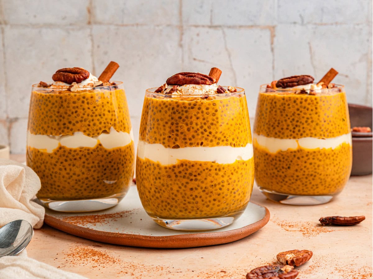 Layered pumpkin chia seed pudding with yogurt