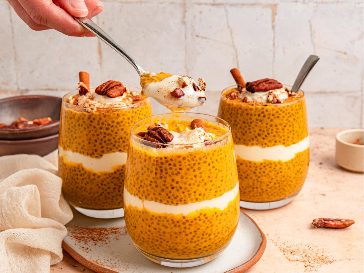 Thick pumpkin pie chia pudding with crunchy pecans