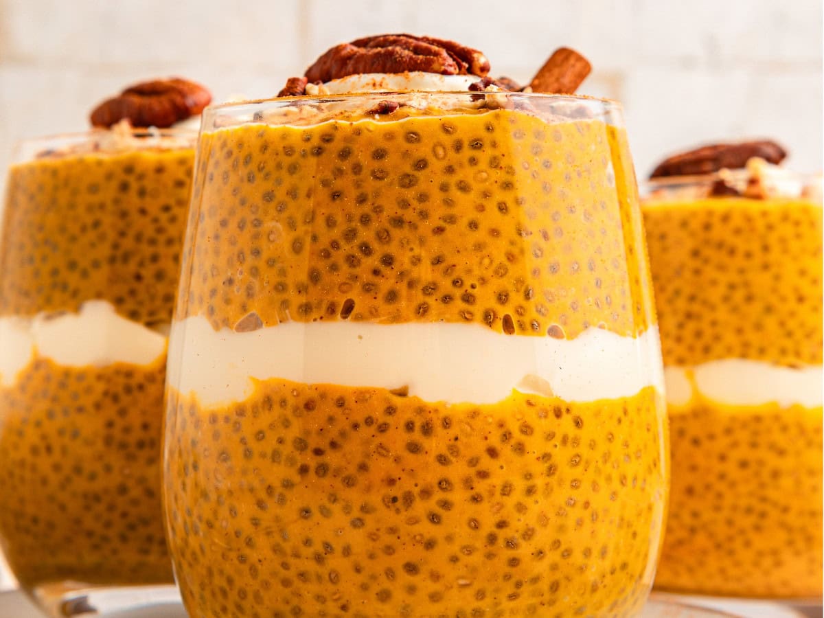 Pumpkin chia pudding with creamy yogurt layers