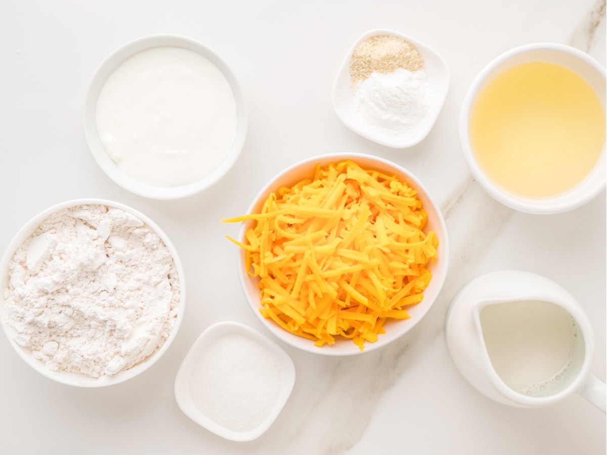 Simple ingredients for homemade cheddar cheese muffins