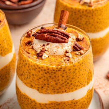 Creamy pumpkin chia pudding with pecans and cinnamon